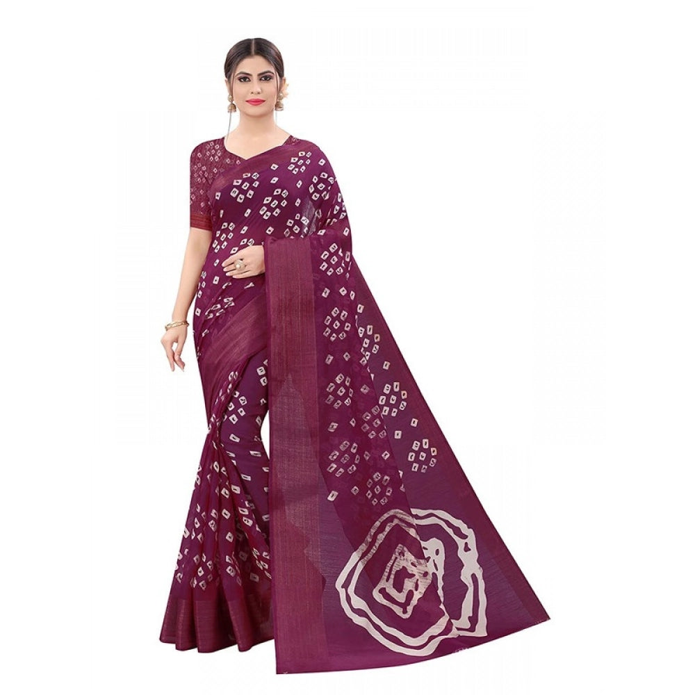 Generic Women's Cotton Silk Bandhni Saree With Unstitched Blouse 5.5Mtr (Purple)
