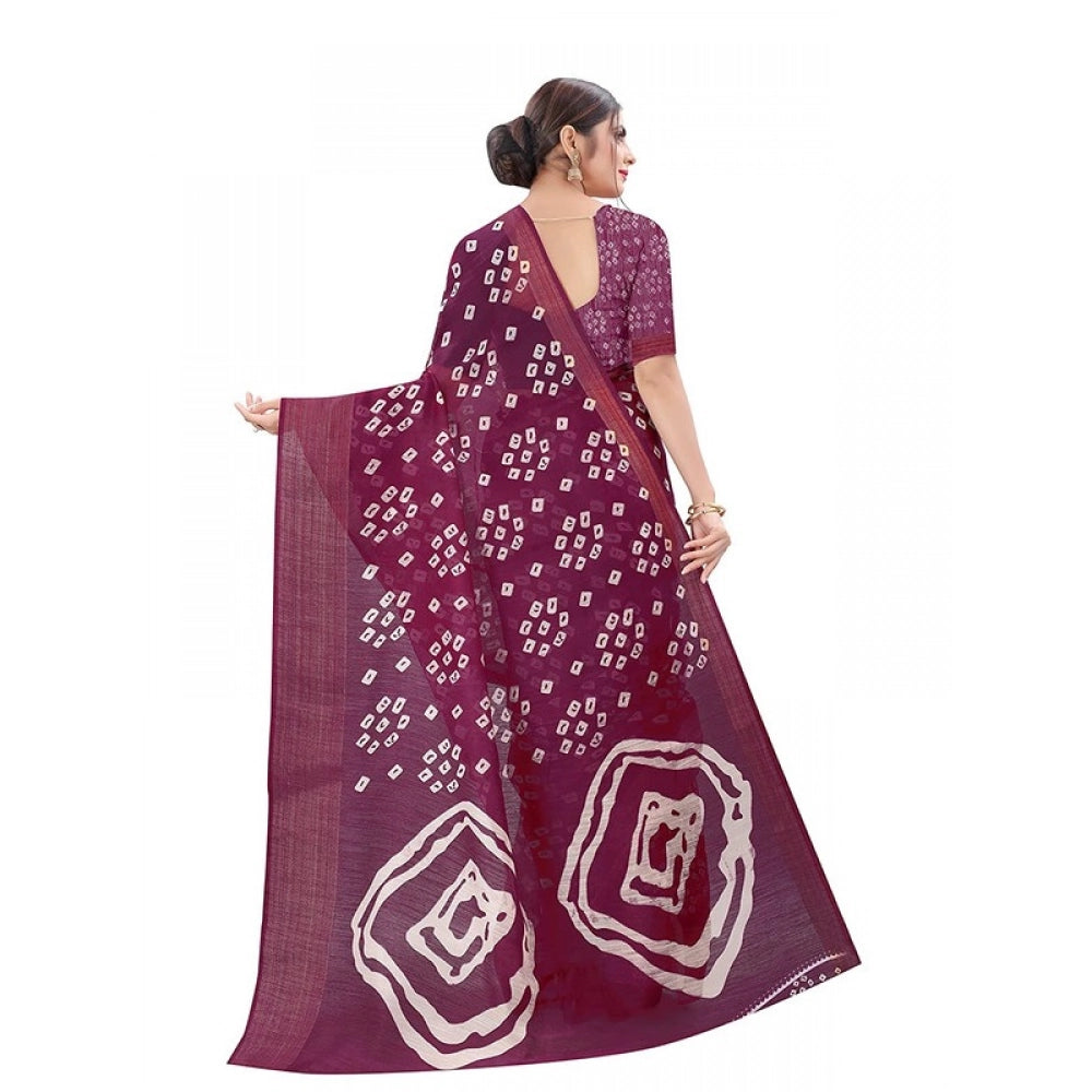 Generic Women's Cotton Silk Bandhni Saree With Unstitched Blouse 5.5Mtr (Purple)