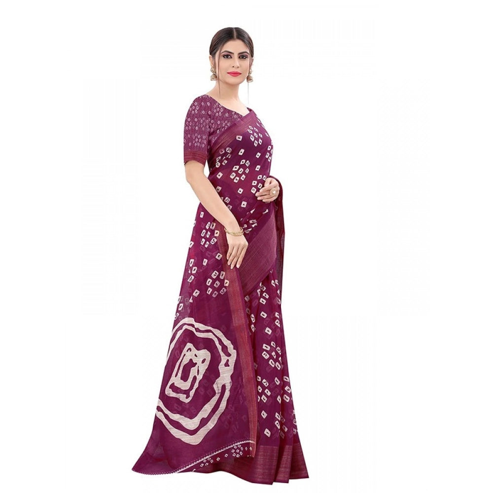 Generic Women's Cotton Silk Bandhni Saree With Unstitched Blouse 5.5Mtr (Purple)