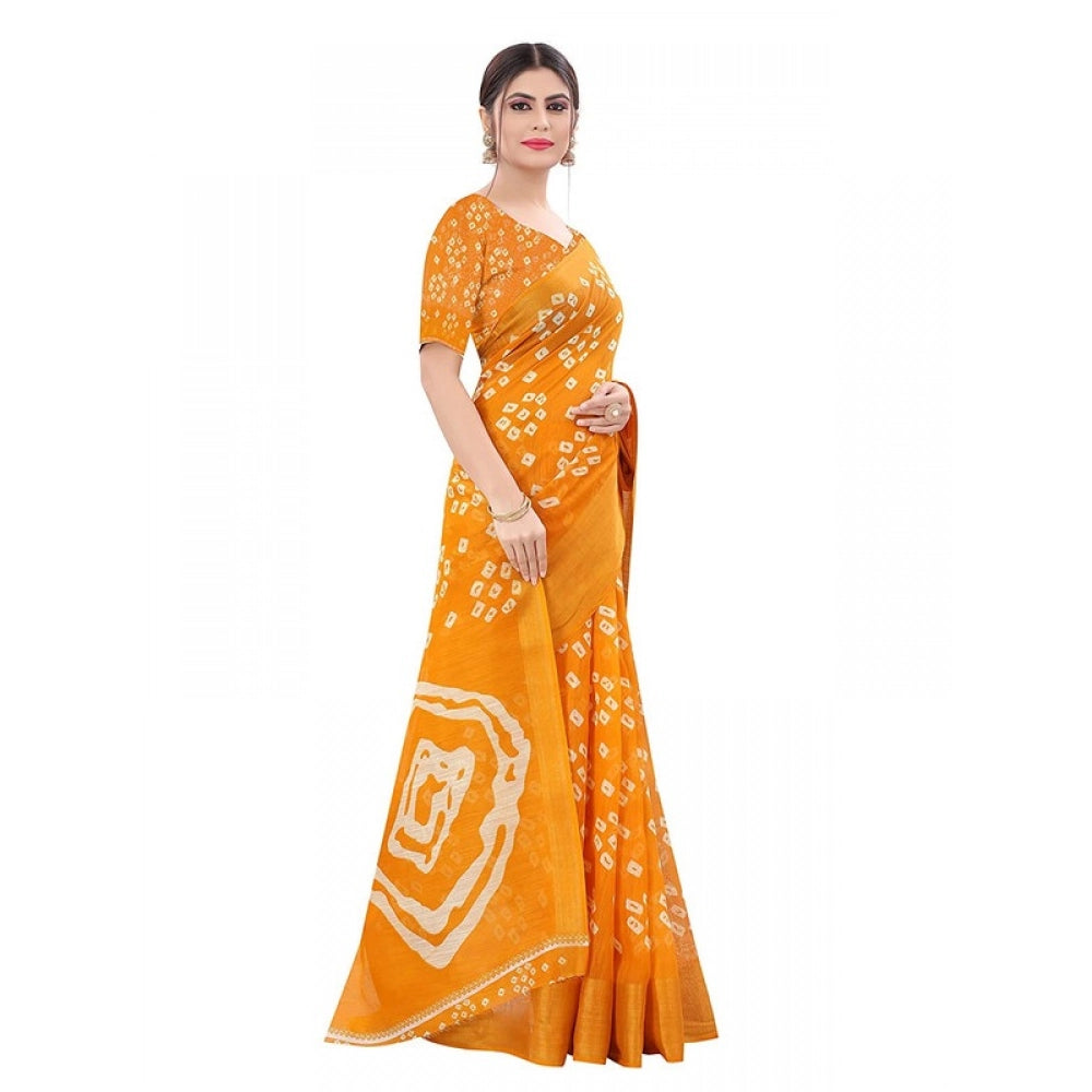 Generic Women's Cotton Silk Bandhni Saree With Unstitched Blouse 5.5Mtr (Yellow)