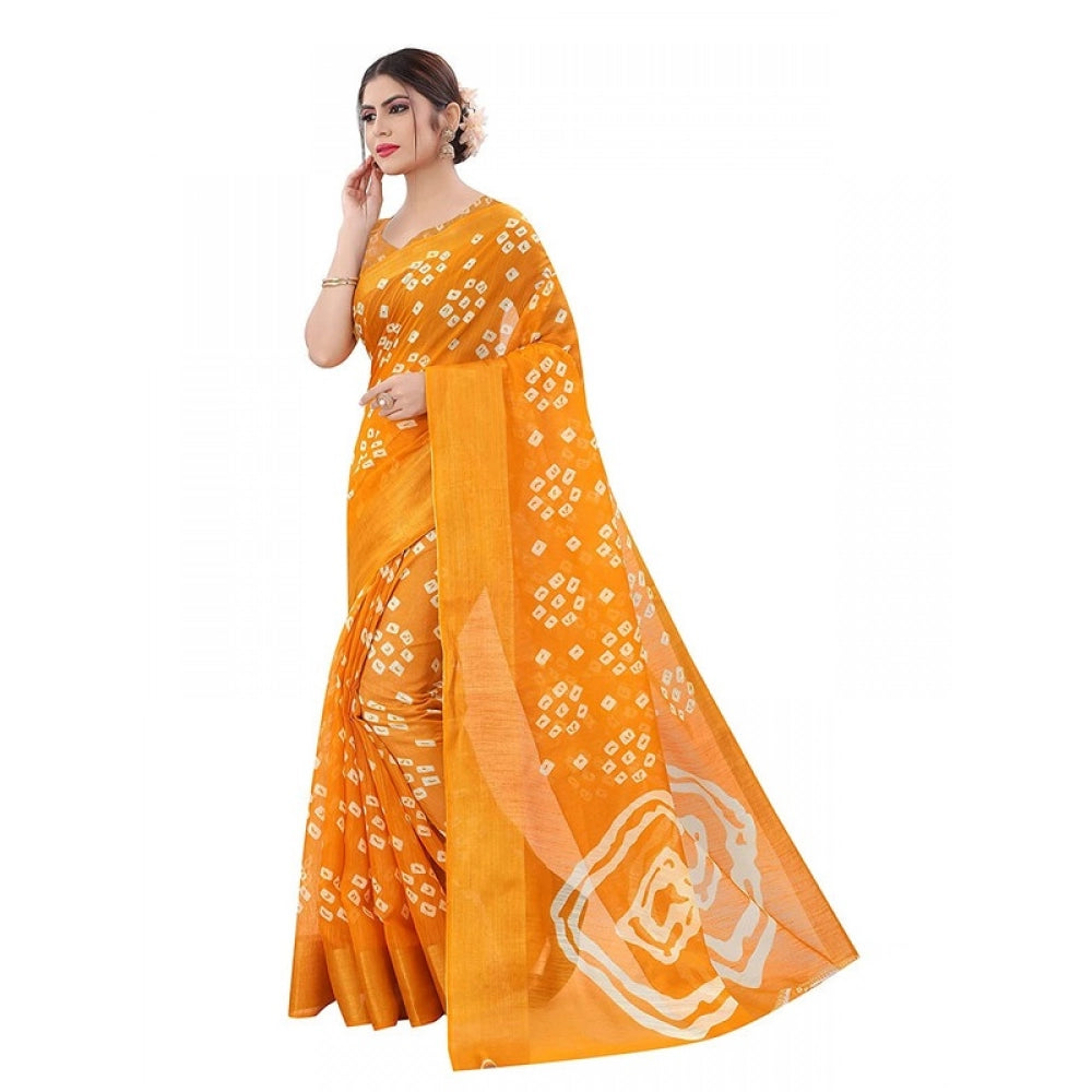 Generic Women's Cotton Silk Bandhni Saree With Unstitched Blouse 5.5Mtr (Yellow)