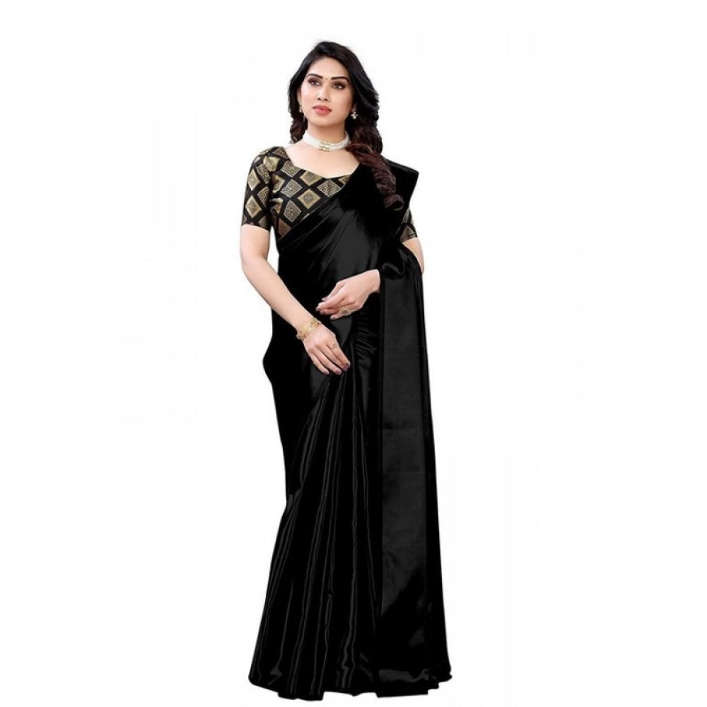 Generic Women's Satin Printed Saree With Unstitched Blouse 5.5Mtr (Black)