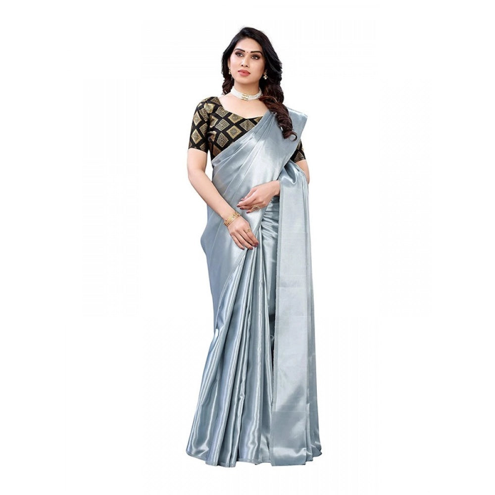 Generic Women's Satin Printed Saree With Unstitched Blouse 5.5Mtr (Grey)
