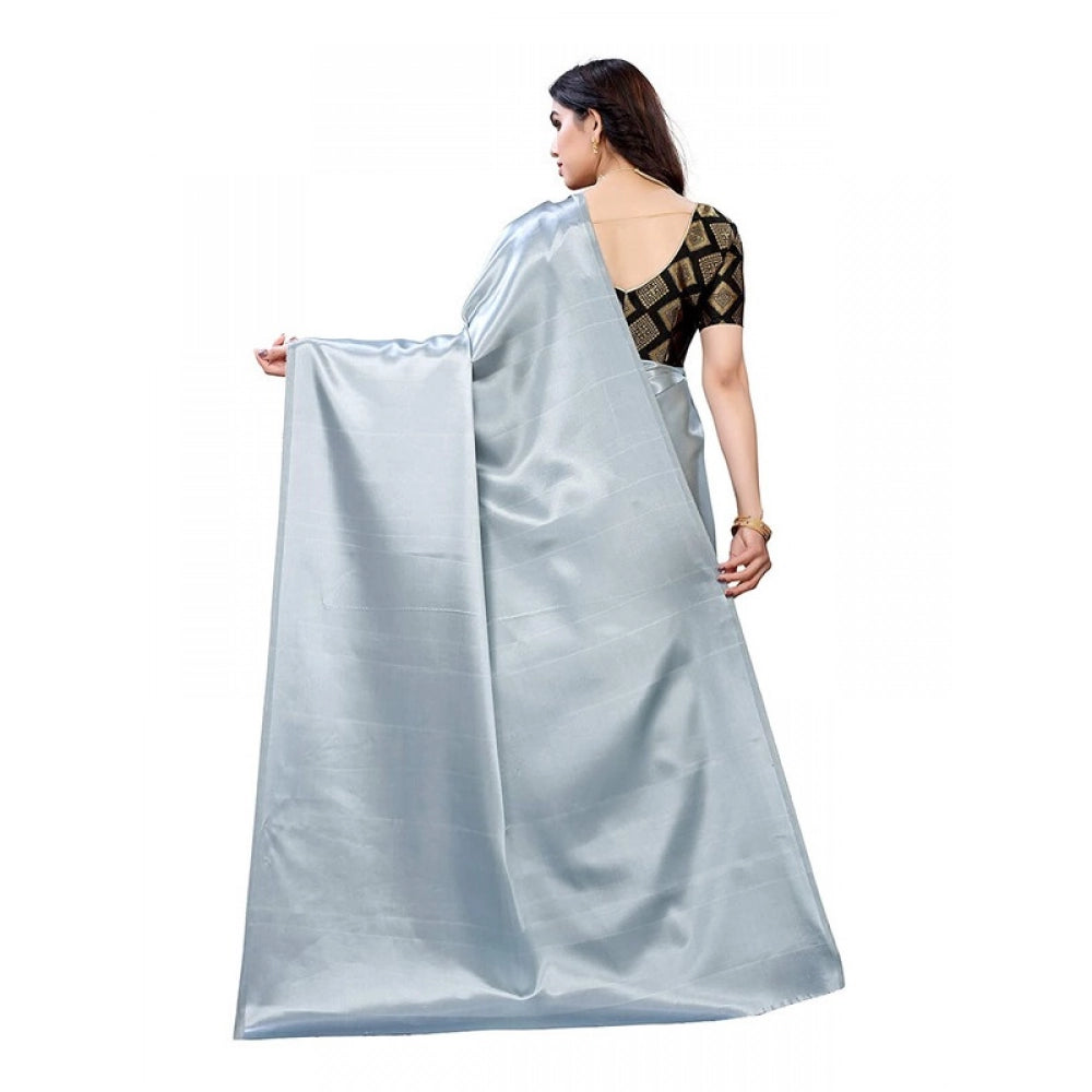 Generic Women's Satin Printed Saree With Unstitched Blouse 5.5Mtr (Grey)