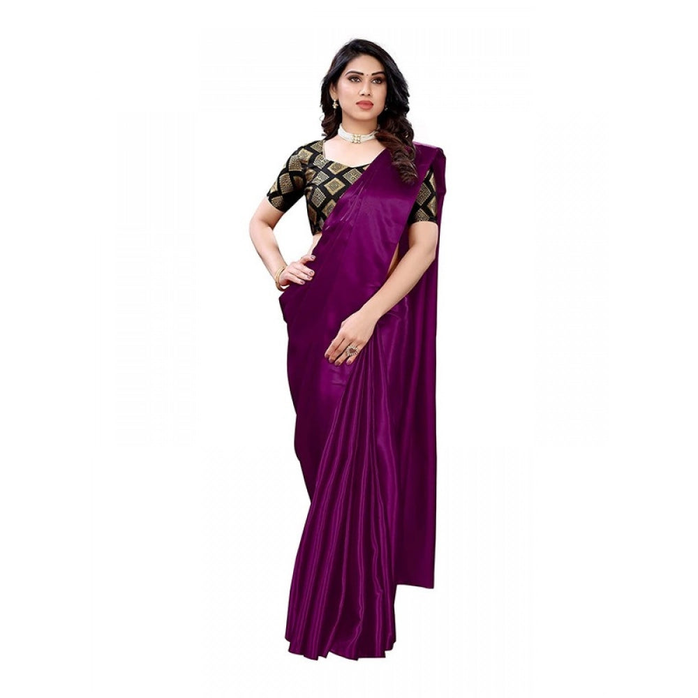 Generic Women's Satin Printed Saree With Unstitched Blouse 5.5Mtr (Purple)