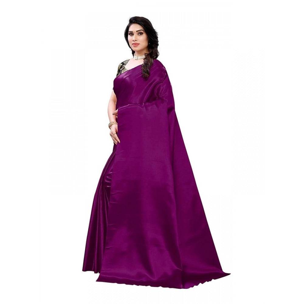 Generic Women's Satin Printed Saree With Unstitched Blouse 5.5Mtr (Purple)