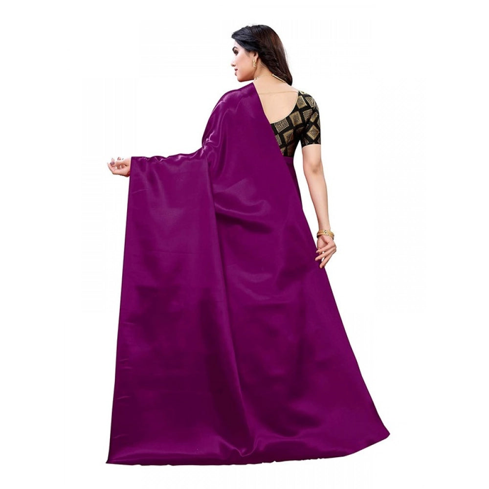 Generic Women's Satin Printed Saree With Unstitched Blouse 5.5Mtr (Purple)