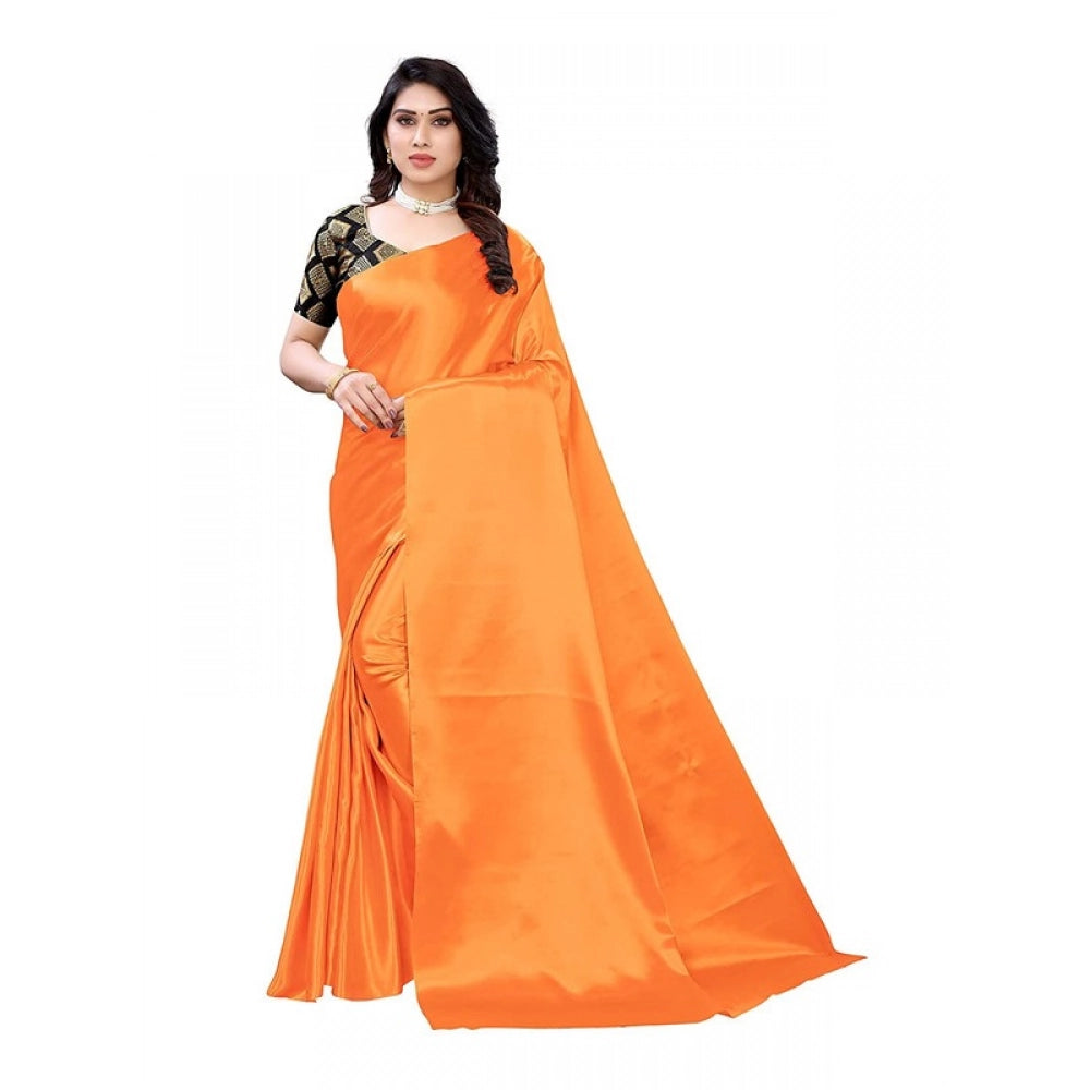 Generic Women's Satin Printed Saree With Unstitched Blouse 5.5Mtr (Mustard)