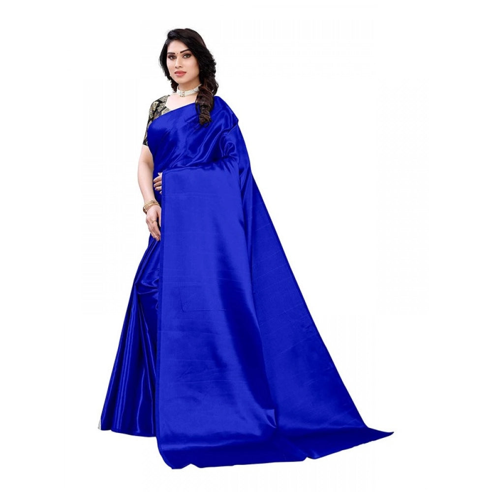 Generic Women's Satin Printed Saree With Unstitched Blouse 5.5Mtr (Royal Blue)