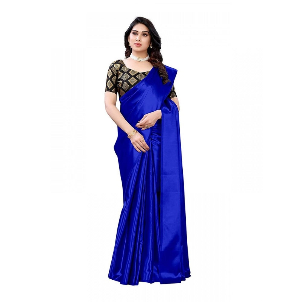 Generic Women's Satin Printed Saree With Unstitched Blouse 5.5Mtr (Royal Blue)