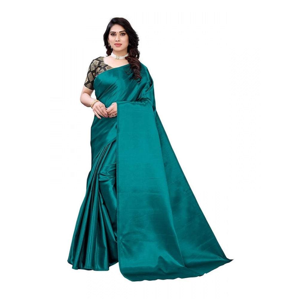 Generic Women's Satin Printed Saree With Unstitched Blouse 5.5Mtr (Teal)