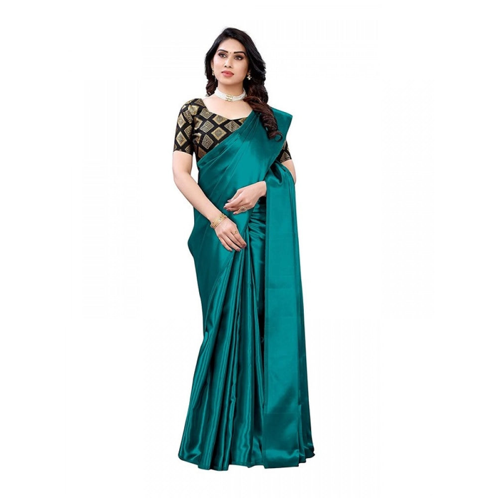 Generic Women's Satin Printed Saree With Unstitched Blouse 5.5Mtr (Teal)