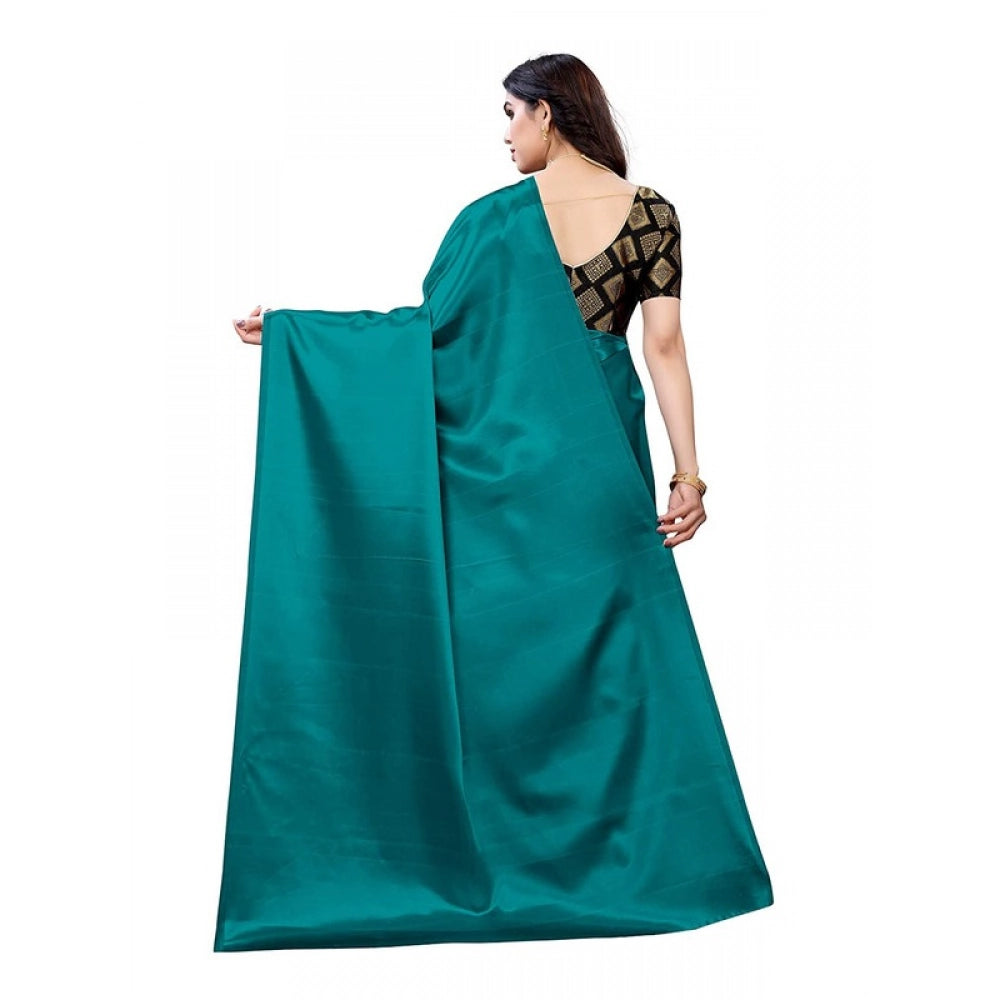 Generic Women's Satin Printed Saree With Unstitched Blouse 5.5Mtr (Teal)
