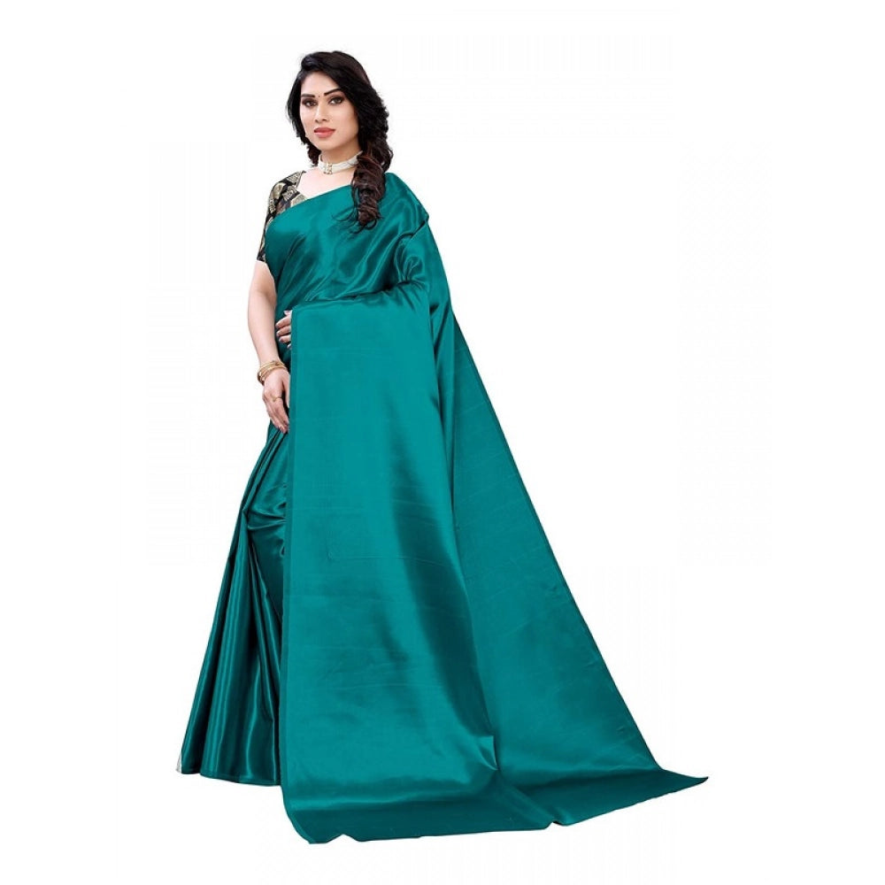 Generic Women's Satin Printed Saree With Unstitched Blouse 5.5Mtr (Teal)
