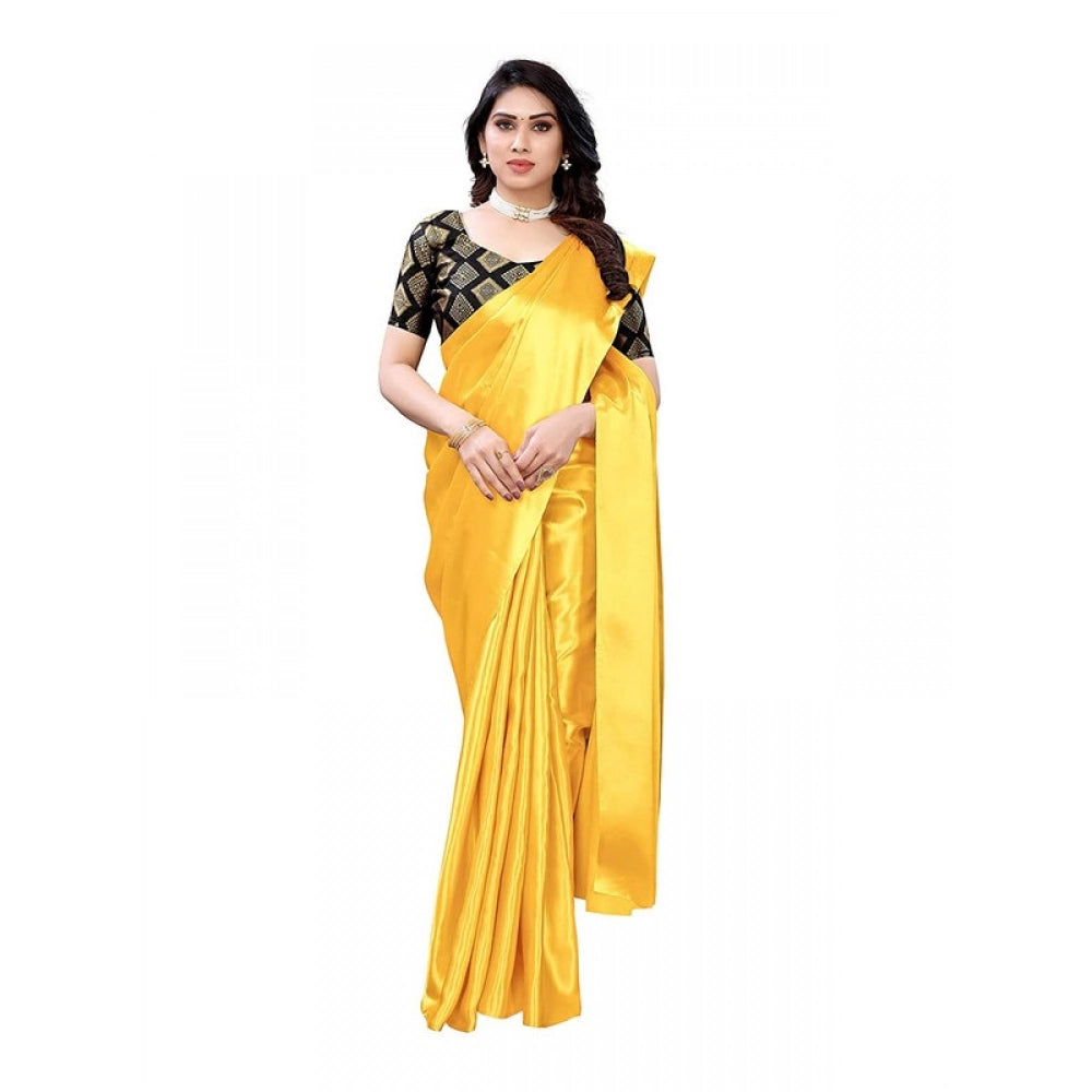 Generic Women's Satin Printed Saree With Unstitched Blouse 5.5Mtr (Yellow)