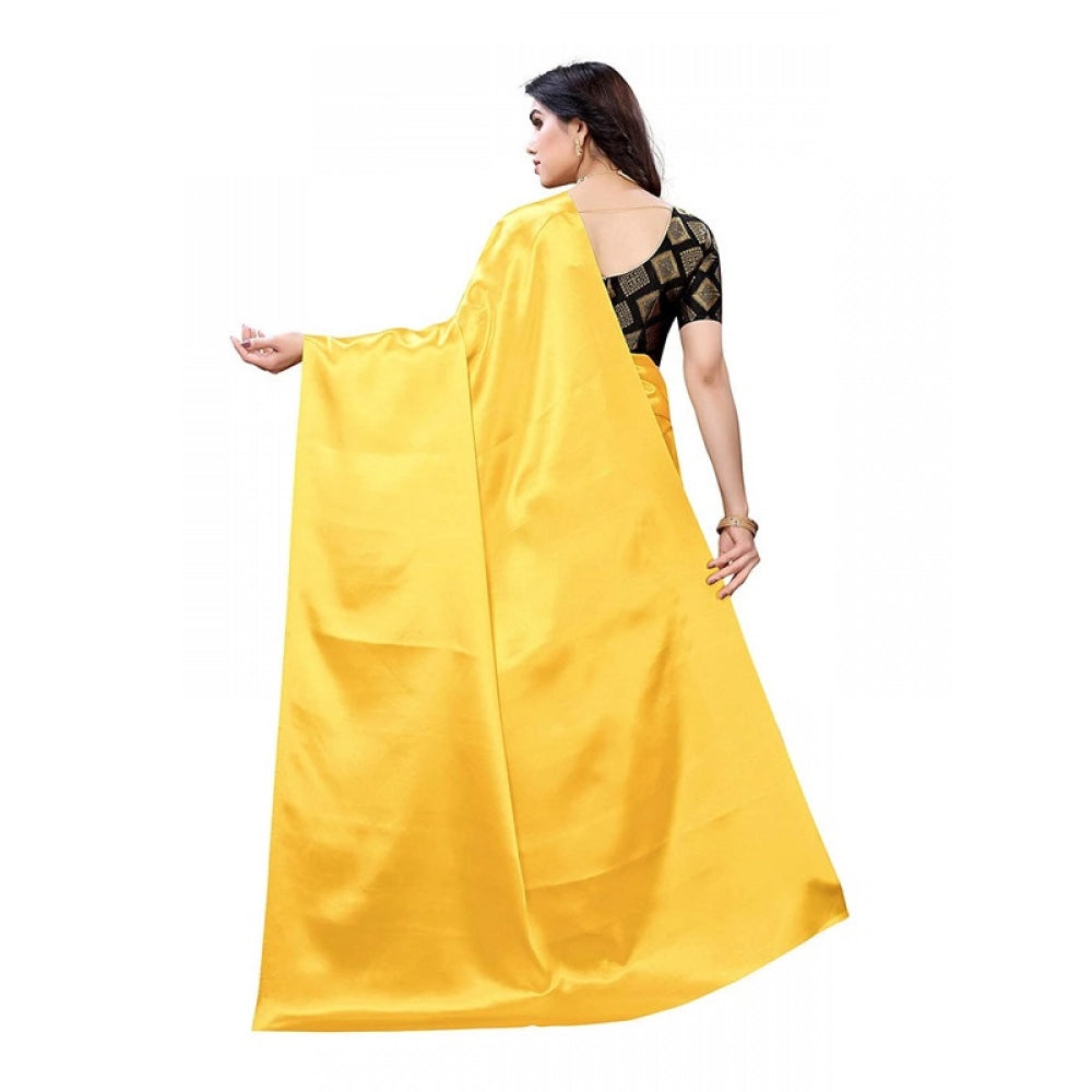 Generic Women's Satin Printed Saree With Unstitched Blouse 5.5Mtr (Yellow)