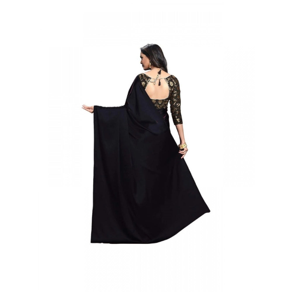 Generic Women's Satin Solid Saree With Unstitched Blouse 5.5Mtr (Black)