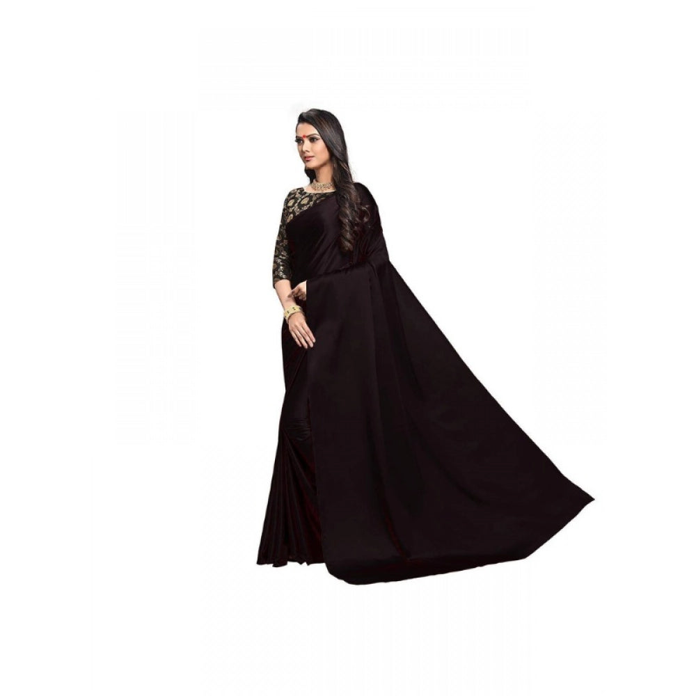 Generic Women's Satin Solid Saree With Unstitched Blouse 5.5Mtr (Black)
