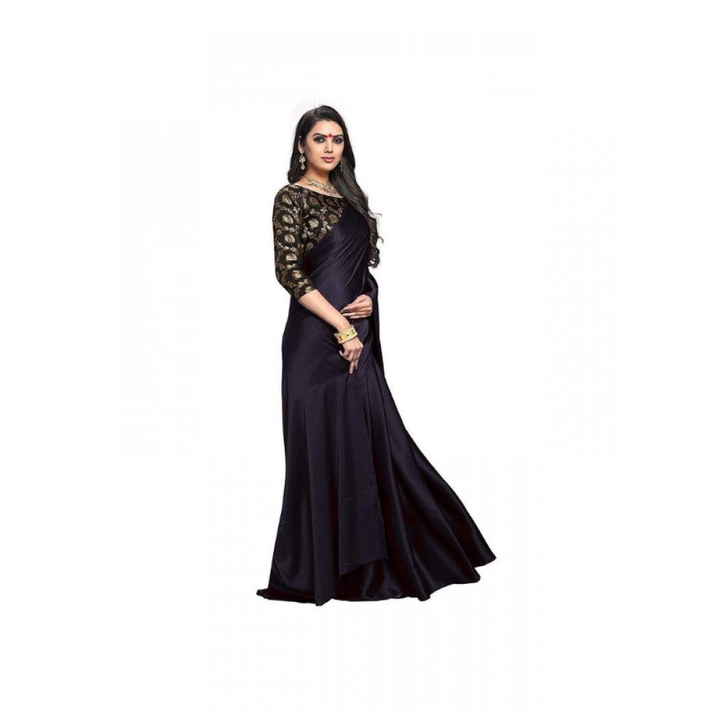 Generic Women's Satin Solid Saree With Unstitched Blouse 5.5Mtr (Black)