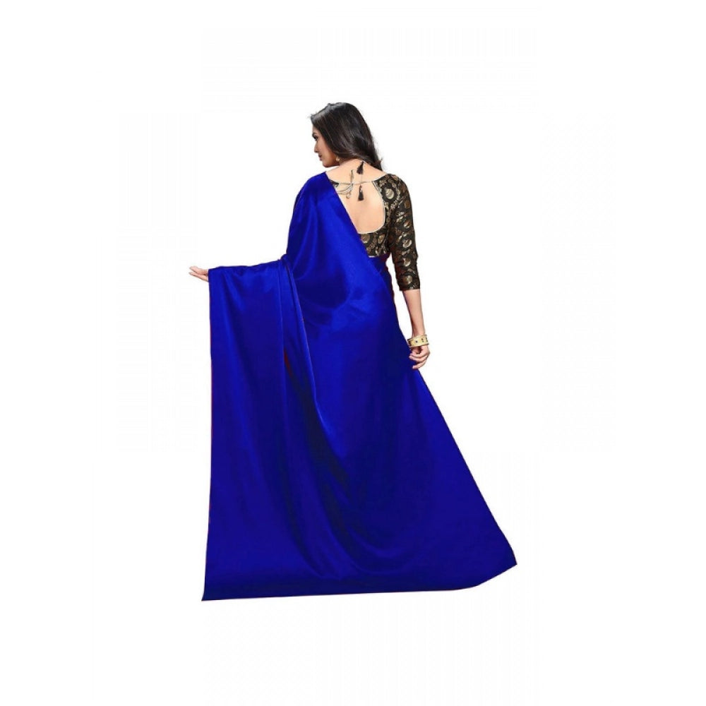 Generic Women's Satin Solid Saree With Unstitched Blouse 5.5Mtr (Blue)