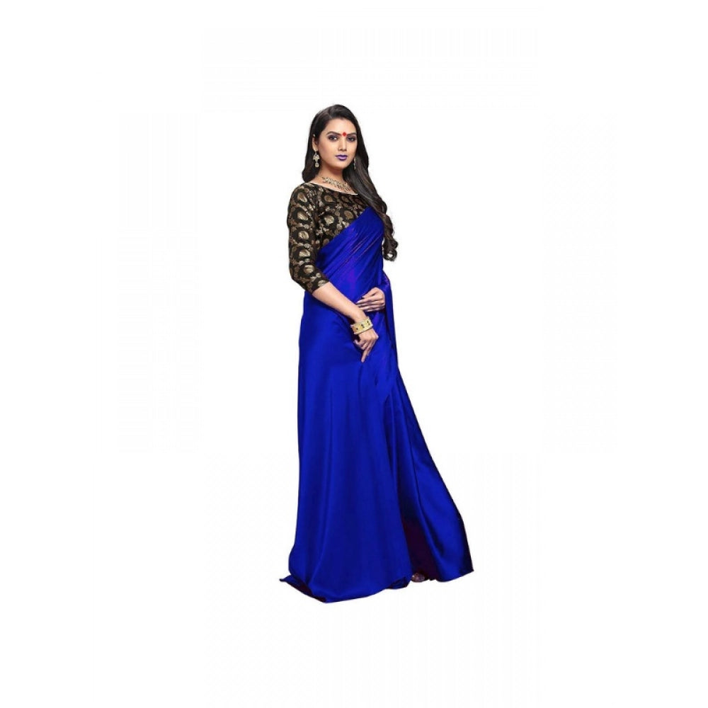 Generic Women's Satin Solid Saree With Unstitched Blouse 5.5Mtr (Blue)