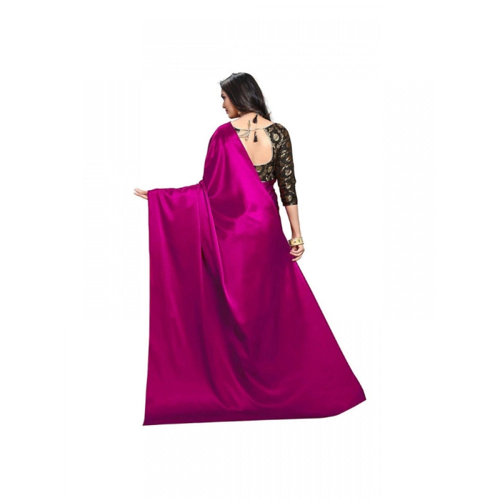 Generic Women's Satin Solid Saree With Unstitched Blouse 5.5Mtr (Magenta)