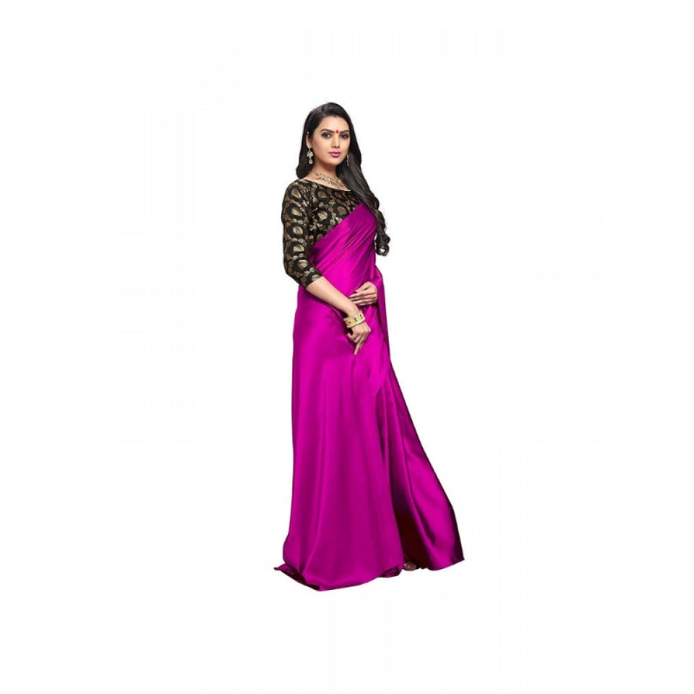 Generic Women's Satin Solid Saree With Unstitched Blouse 5.5Mtr (Magenta)