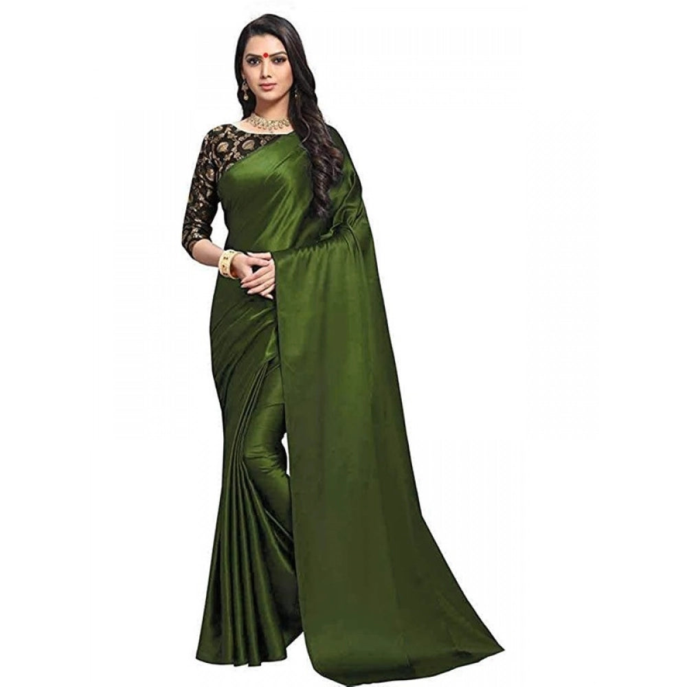 Generic Women's Satin Solid Saree With Unstitched Blouse 5.5Mtr (Mehandi)