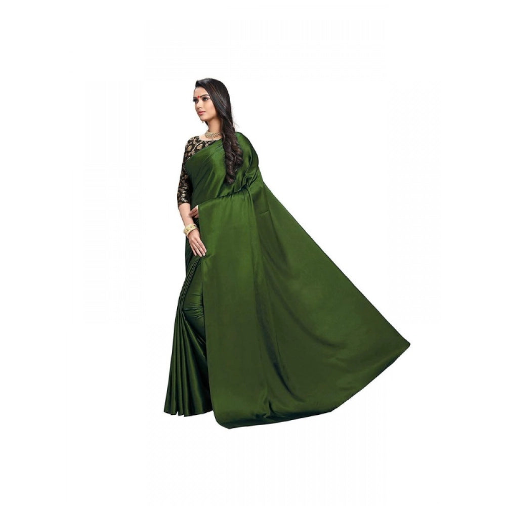 Generic Women's Satin Solid Saree With Unstitched Blouse 5.5Mtr (Mehandi)
