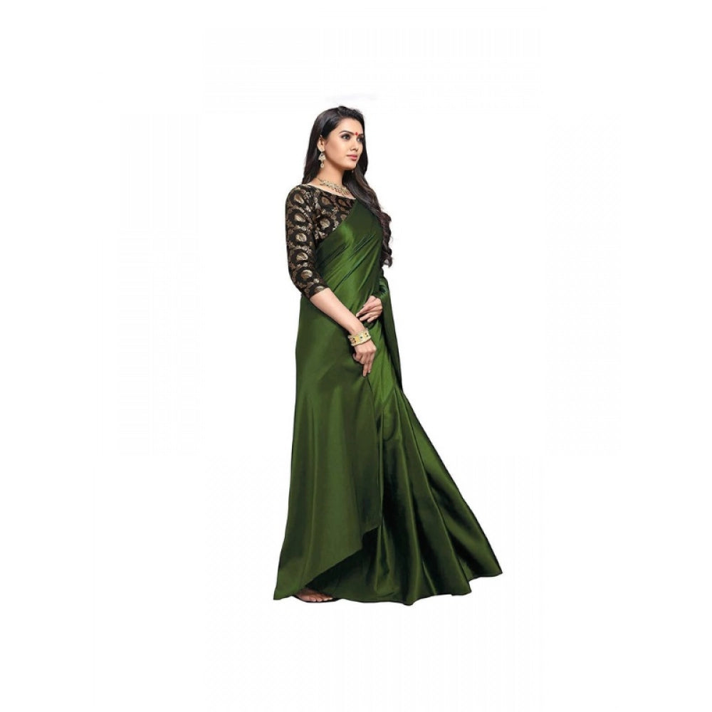 Generic Women's Satin Solid Saree With Unstitched Blouse 5.5Mtr (Mehandi)