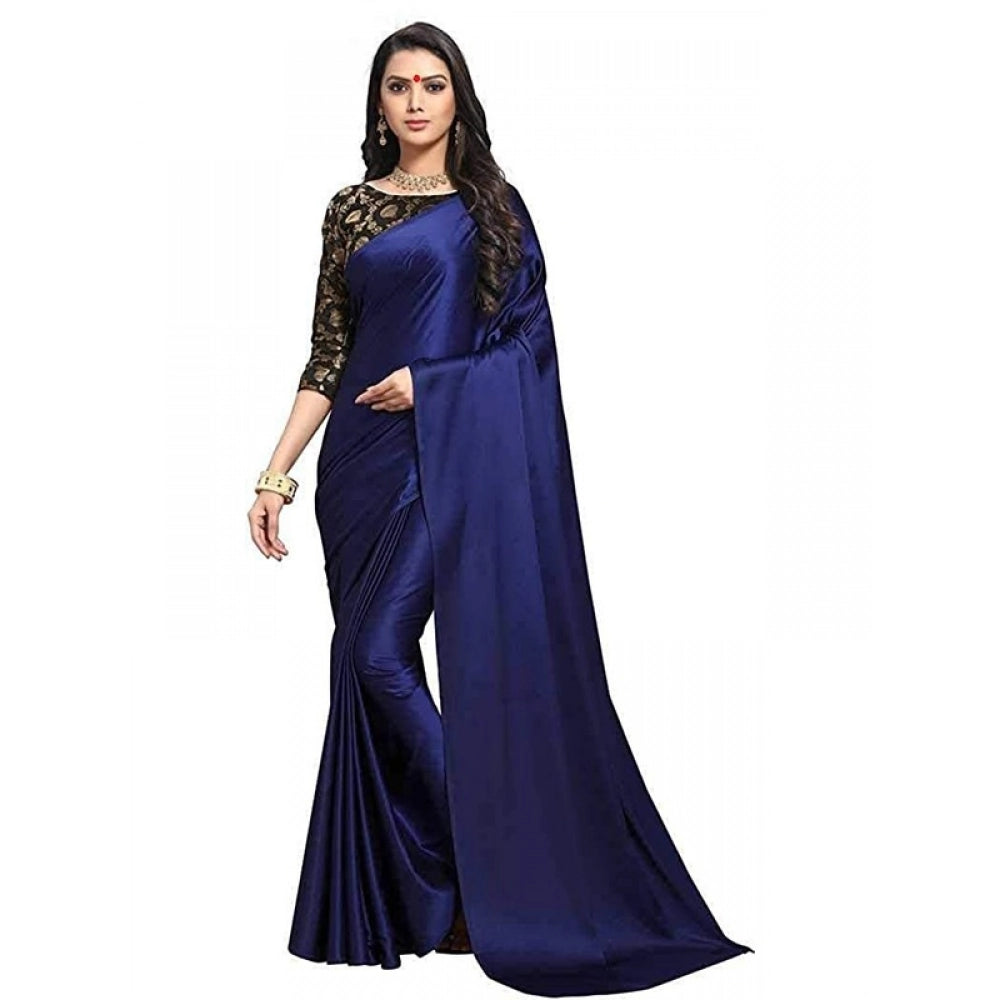 Generic Women's Satin Solid Saree With Unstitched Blouse 5.5Mtr (Navy Blue)