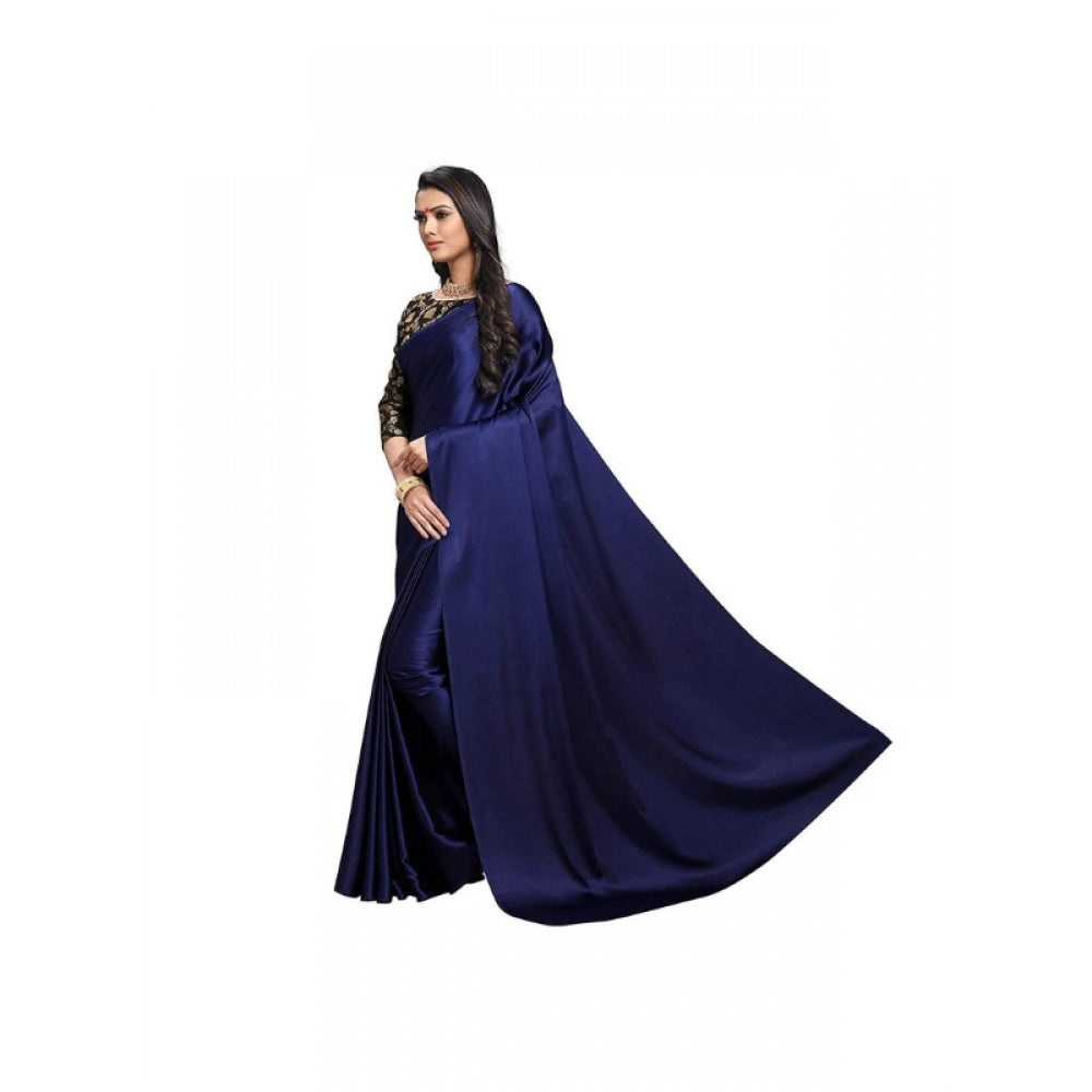 Generic Women's Satin Solid Saree With Unstitched Blouse 5.5Mtr (Navy Blue)