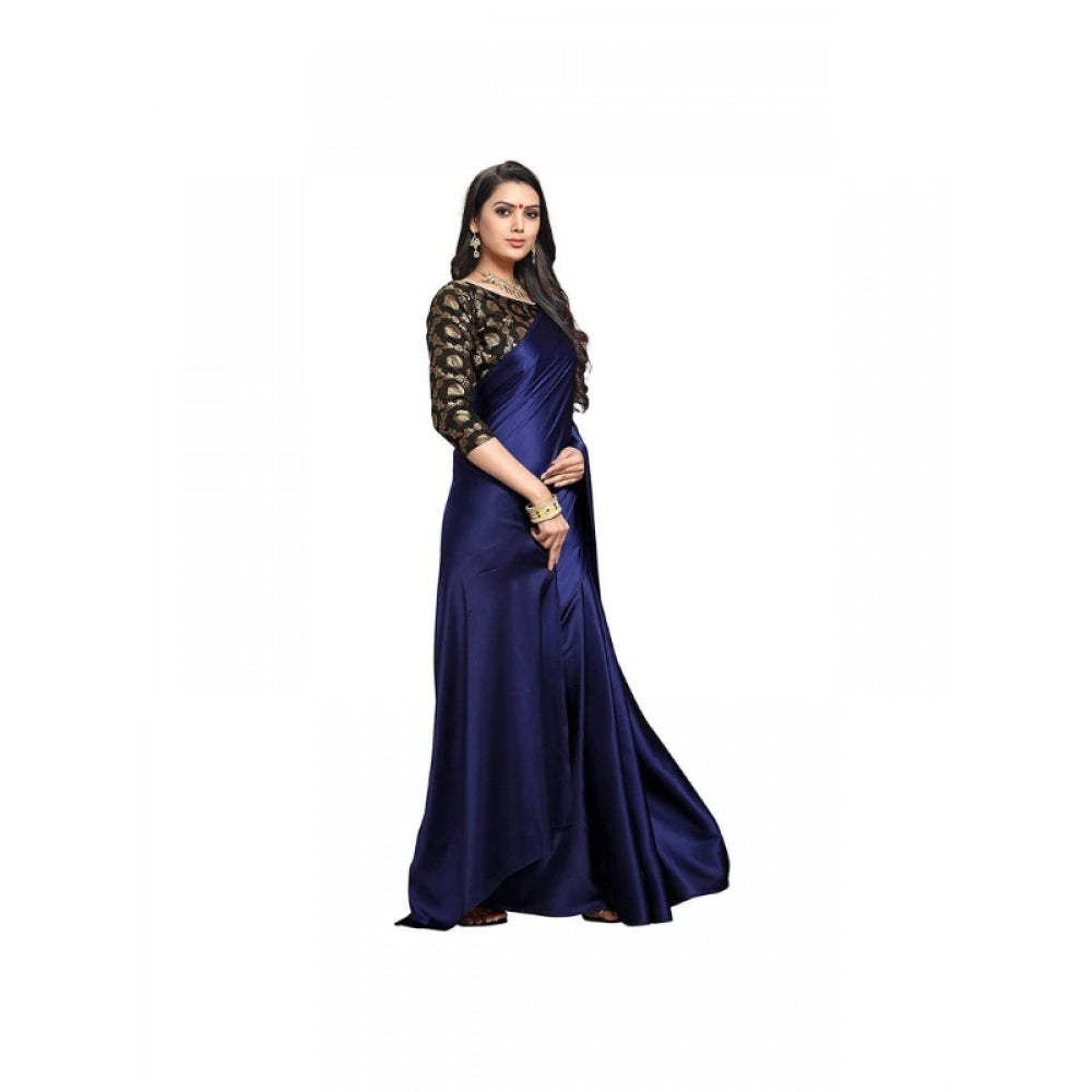 Generic Women's Satin Solid Saree With Unstitched Blouse 5.5Mtr (Navy Blue)