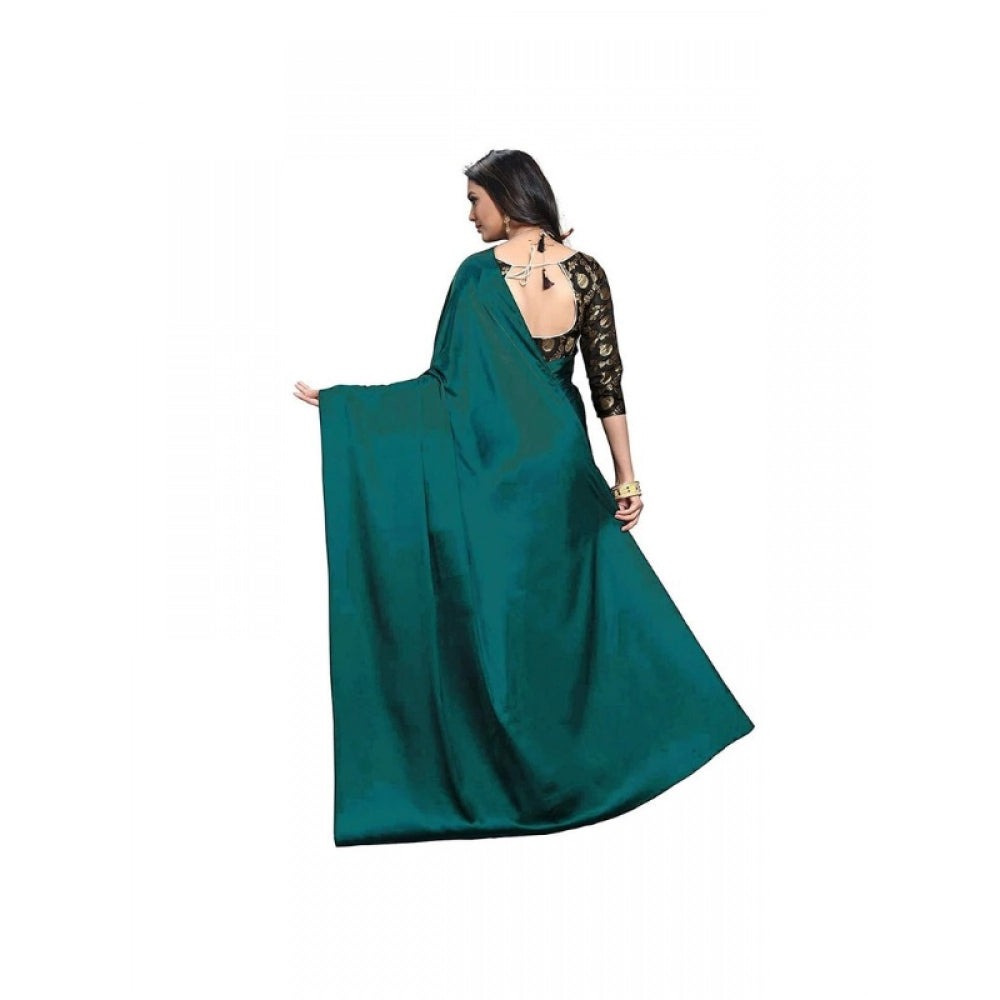 Generic Women's Satin Solid Saree With Unstitched Blouse 5.5Mtr (Turquoise)