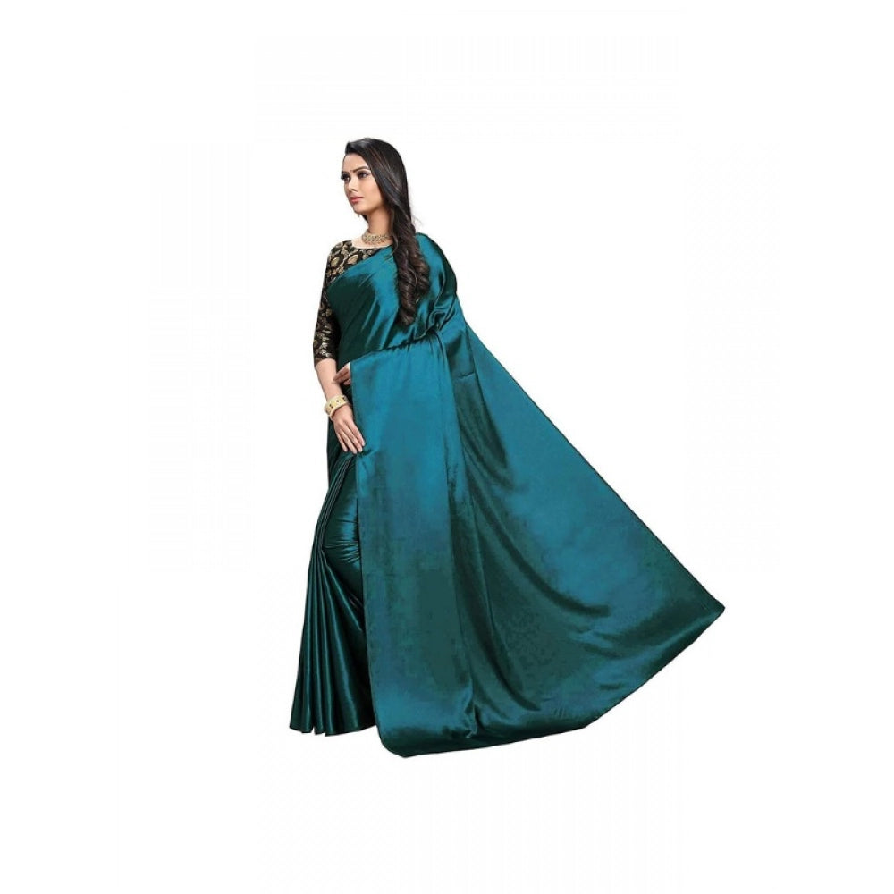 Generic Women's Satin Solid Saree With Unstitched Blouse 5.5Mtr (Turquoise)