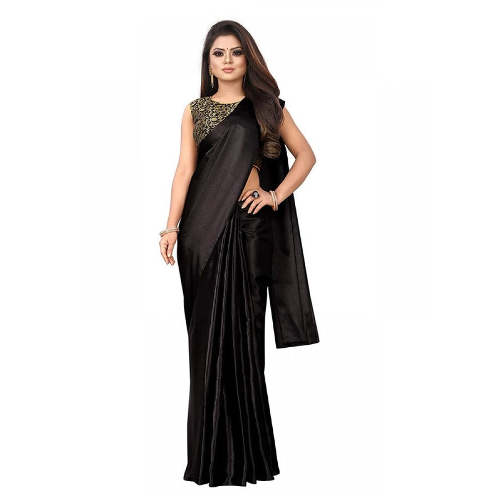 Generic Women's Satin Printed Saree With Unstitched Blouse 5.5Mtr (Black)