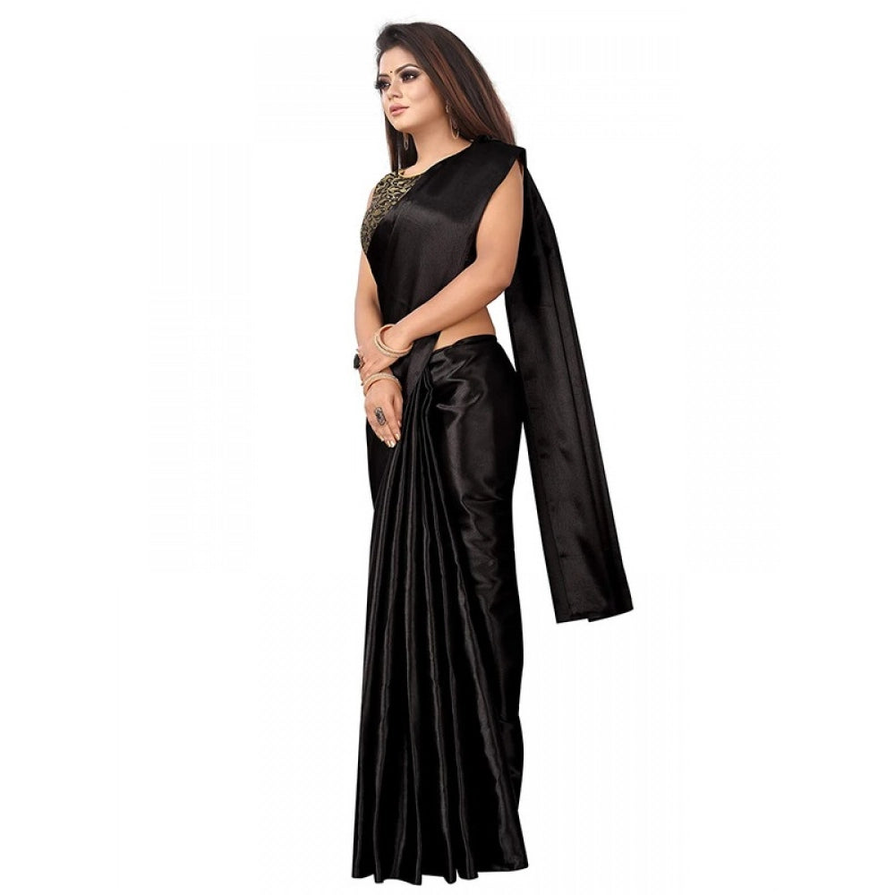 Generic Women's Satin Printed Saree With Unstitched Blouse 5.5Mtr (Black)