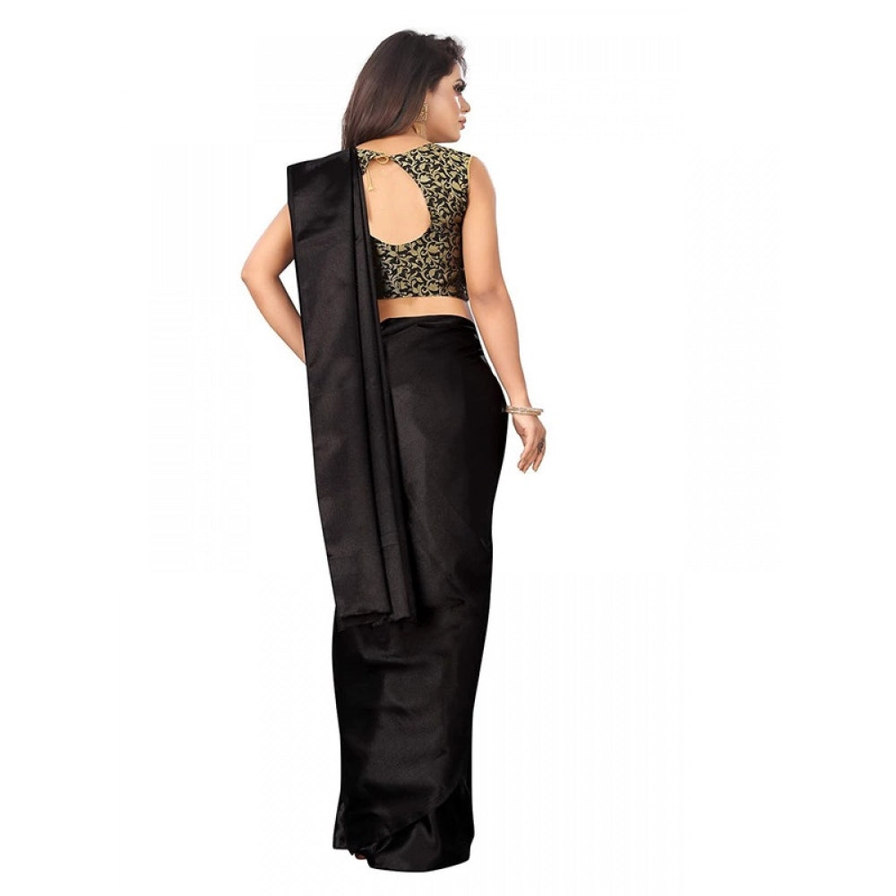 Generic Women's Satin Printed Saree With Unstitched Blouse 5.5Mtr (Black)