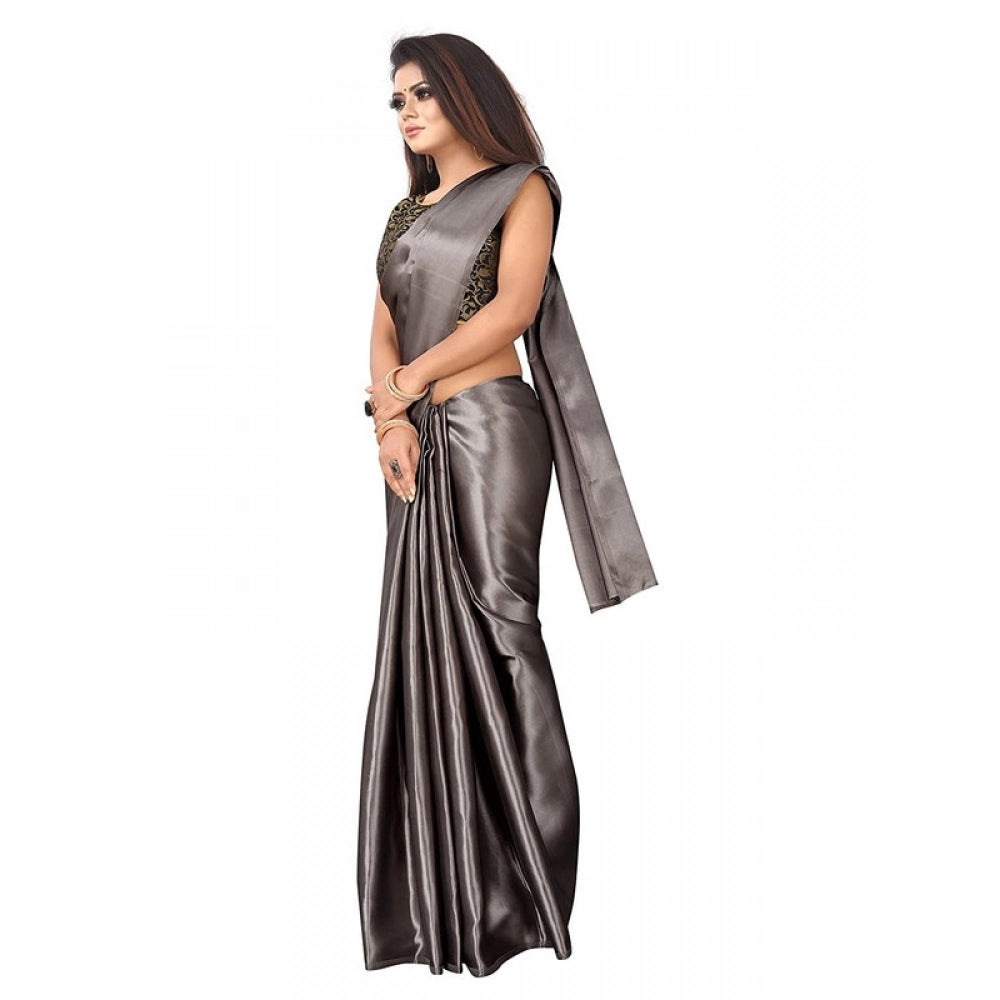 Generic Women's Satin Printed Saree With Unstitched Blouse 5.5Mtr (Grey)