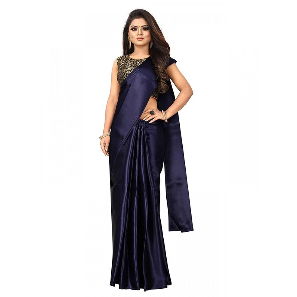 Generic Women's Satin Printed Saree With Unstitched Blouse 5.5Mtr (Navy Blue)