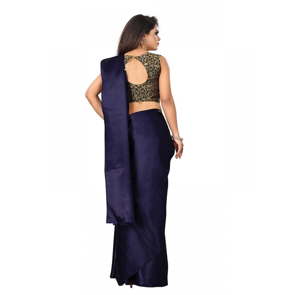 Generic Women's Satin Printed Saree With Unstitched Blouse 5.5Mtr (Navy Blue)