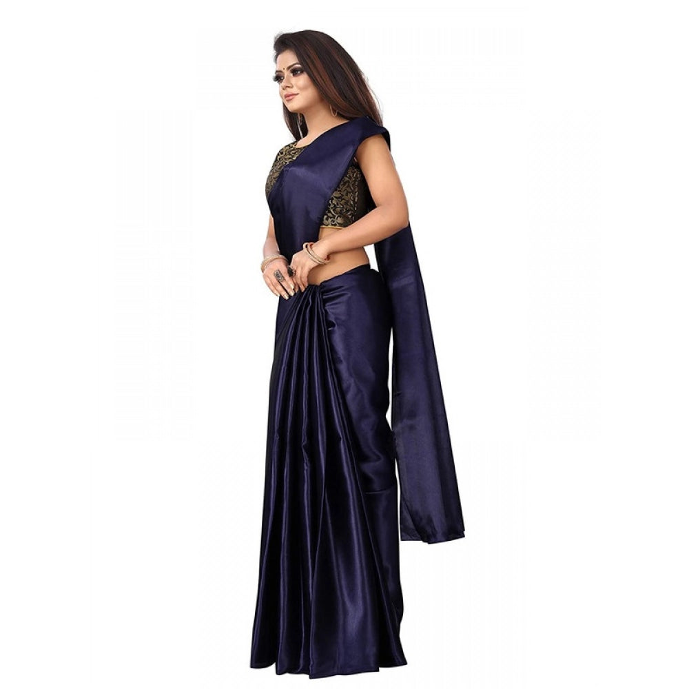 Generic Women's Satin Printed Saree With Unstitched Blouse 5.5Mtr (Navy Blue)