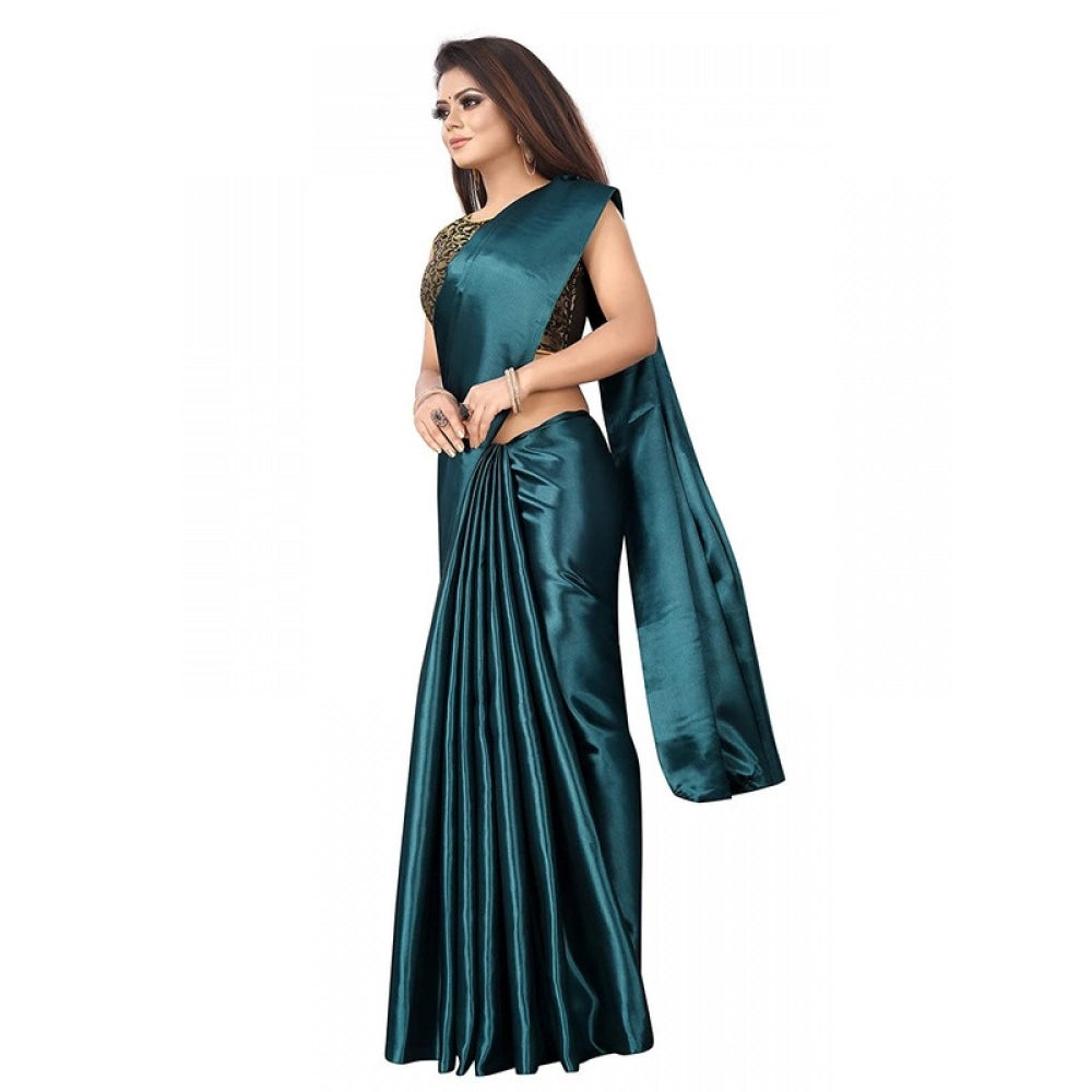 Generic Women's Satin Printed Saree With Unstitched Blouse 5.5Mtr (Rama)