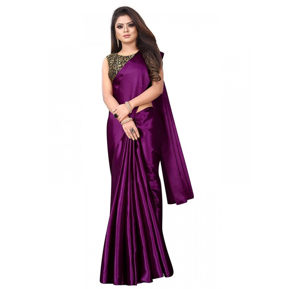 Generic Women's Satin Printed Saree With Unstitched Blouse 5.5Mtr (Wine)