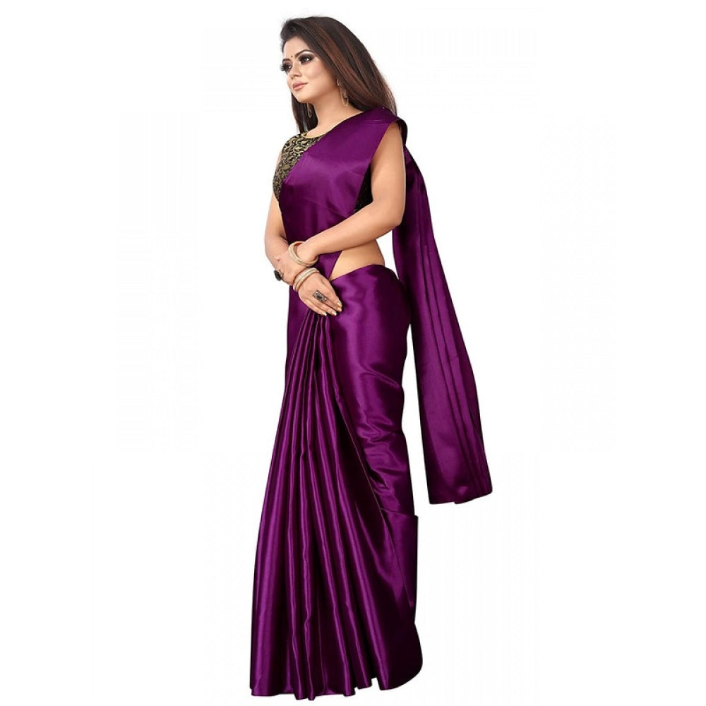 Generic Women's Satin Printed Saree With Unstitched Blouse 5.5Mtr (Wine)