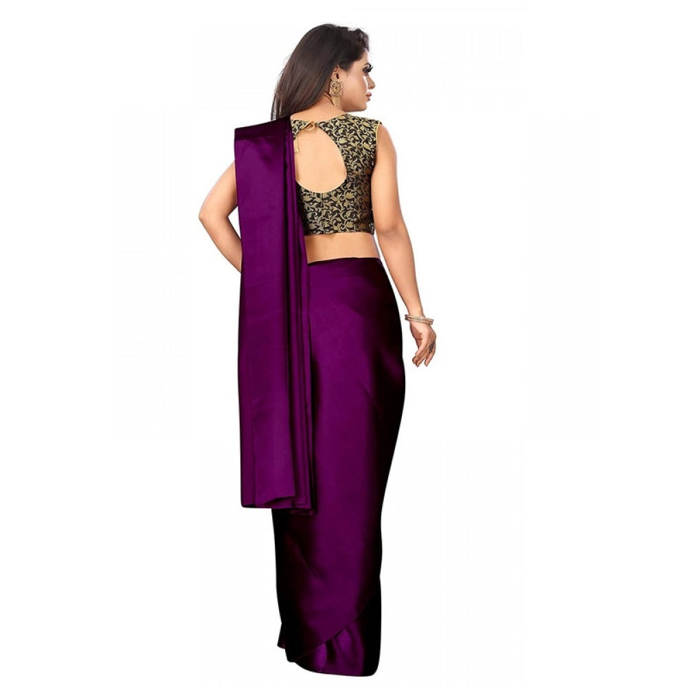 Generic Women's Satin Printed Saree With Unstitched Blouse 5.5Mtr (Wine)