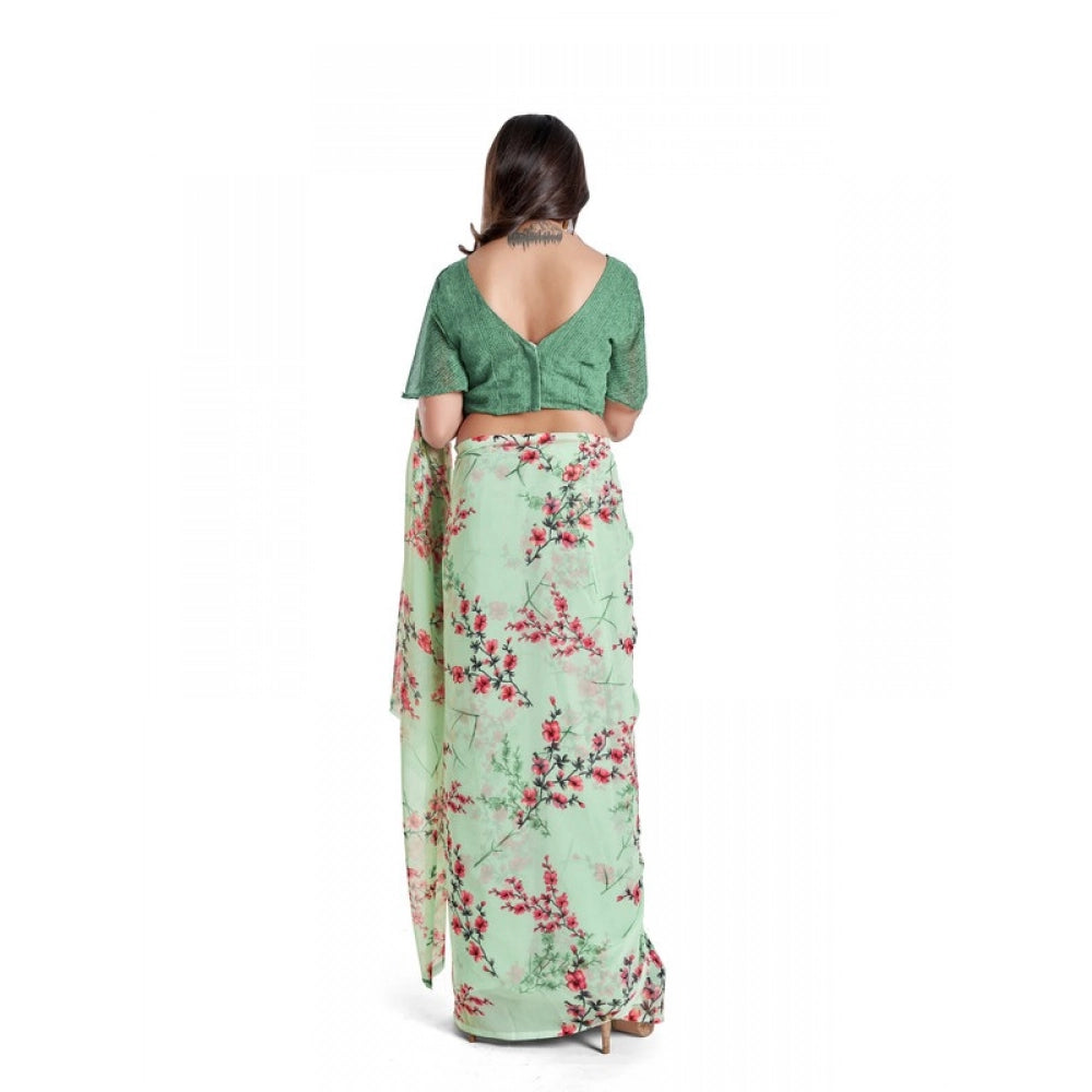 Generic Women's Georgette Printed Saree With Unstitched Blouse 5.5Mtr (Light Green)