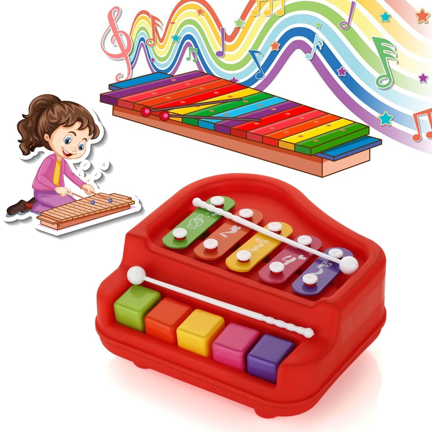 2 In 1 Baby Piano Xylophone Toy For Toddlers 5 Multicolored Key Keyboard Xylophone Piano Preschool Educational Musical Learning Instruments Toy For Baby Kids Girls Boys 3+ Years(1 Pc)