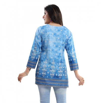 Generic Women's Quarter Sleeve Faux Crepe Printed Short Kurti Tunic Top (Color:Sky Blue)