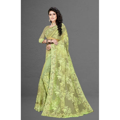 Generic Women's Net Saree With Blouse (Pista Green, 5-6Mtrs)